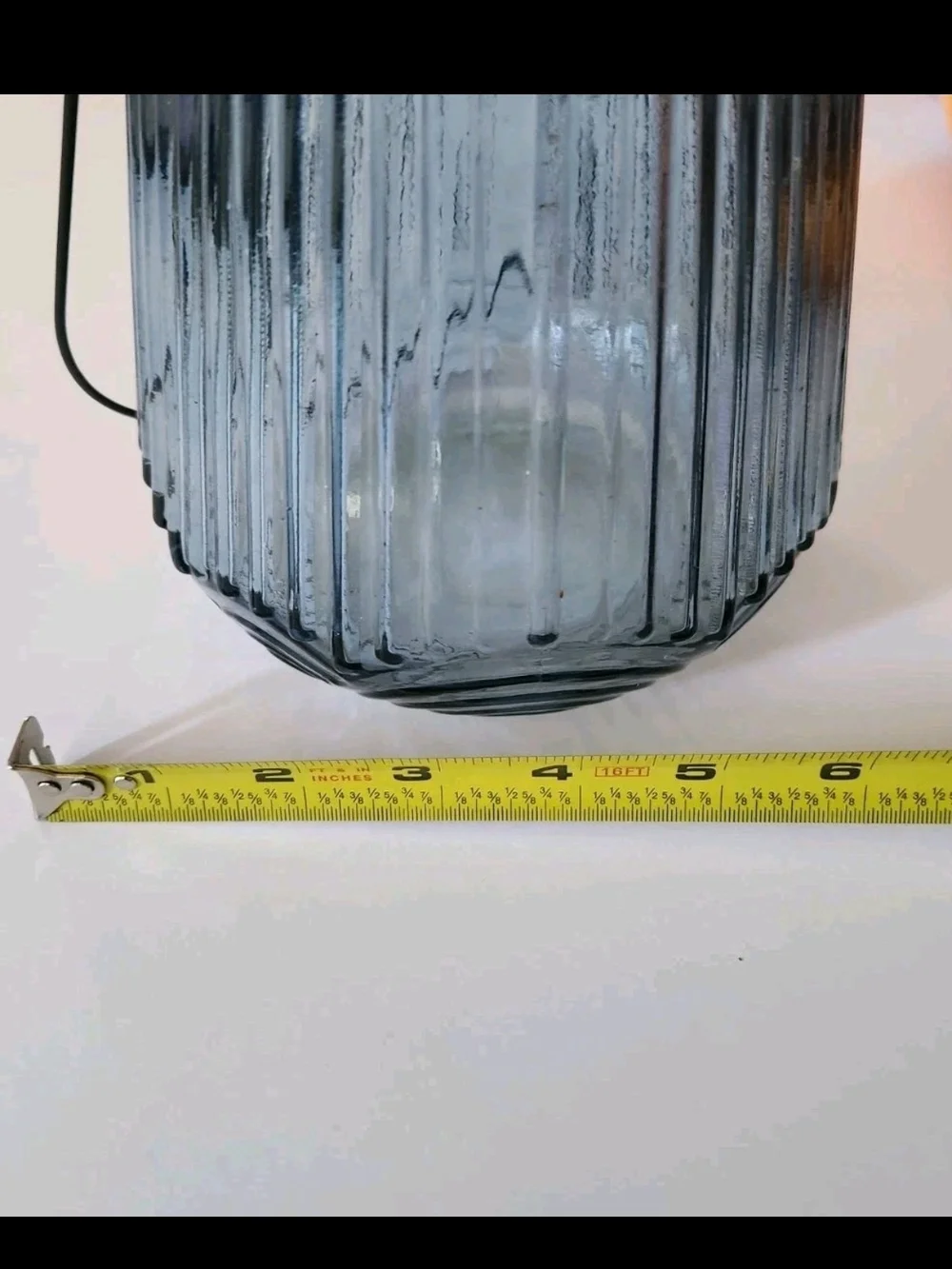 6 Inch Tall Blue Ribbed Glass Candle Lantern with Black Wire Handle